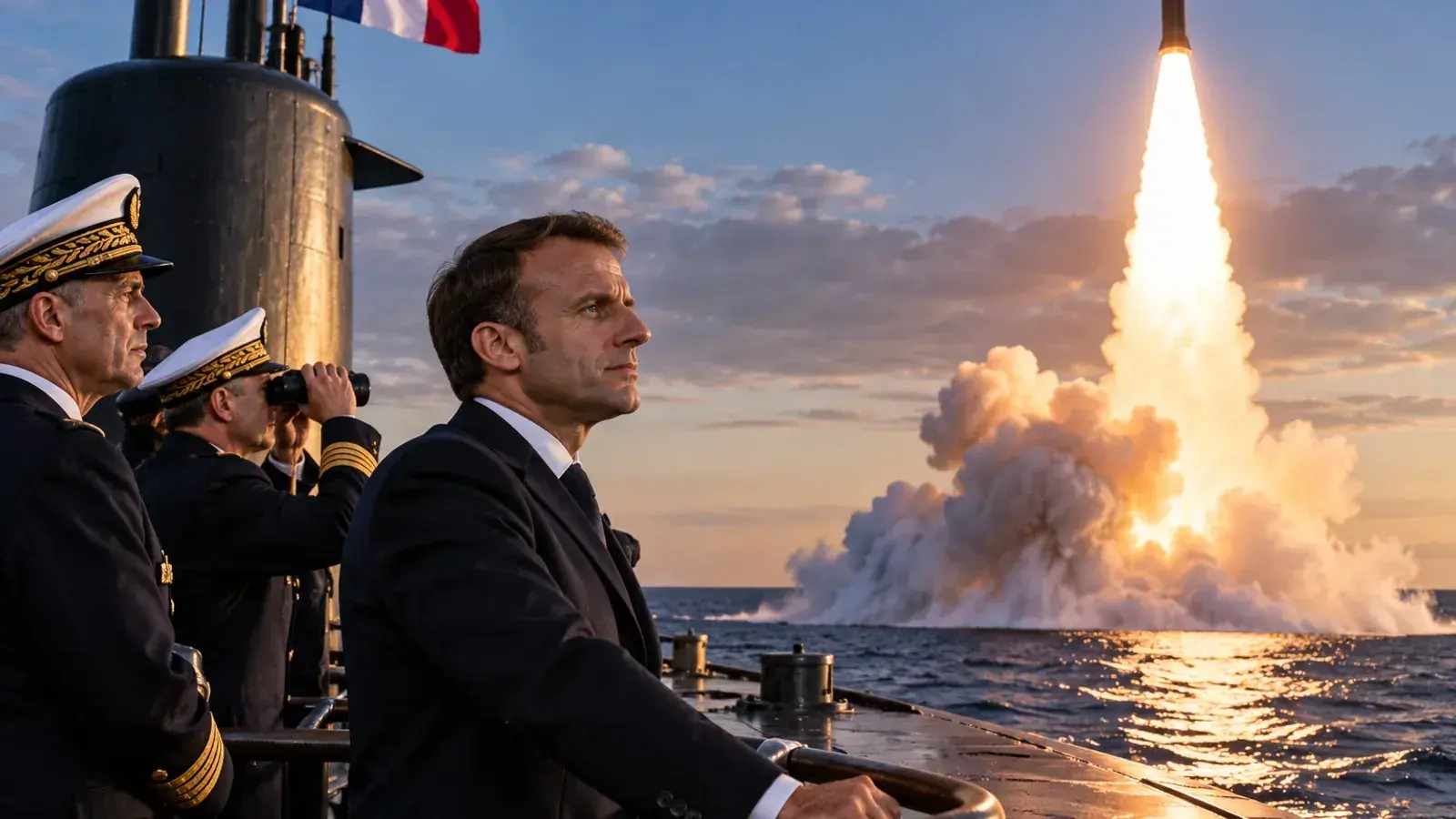 Un navire de la Marine nationale au crépuscule pendant un tir de missile
