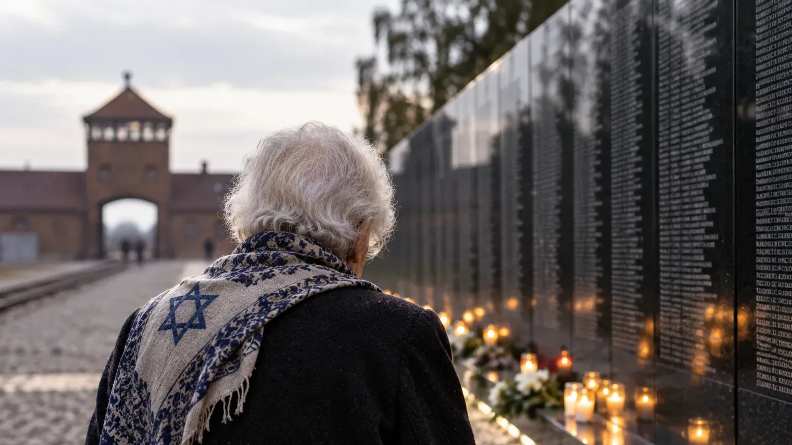 Une femme âgée se recueille devant un mur des noms de victimes de la Shoah
