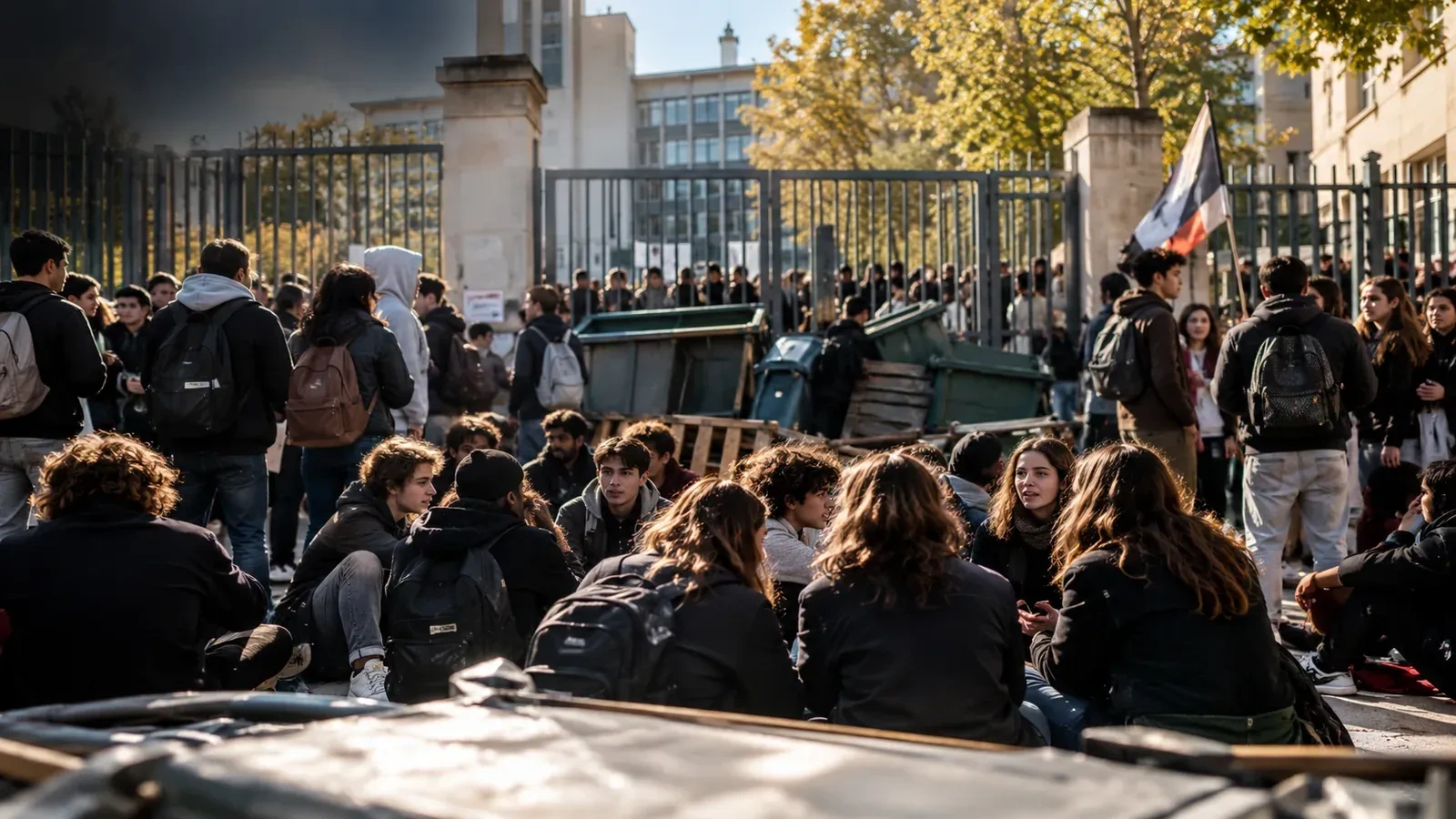 Lycéens rassemblés devant les grilles bloquées d’un établissement scolaire