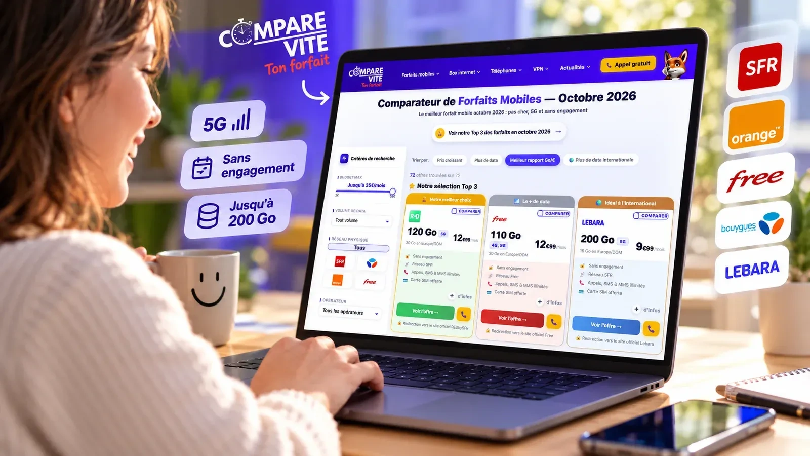 Une femme compare des forfaits mobiles sur un ordinateur portable
