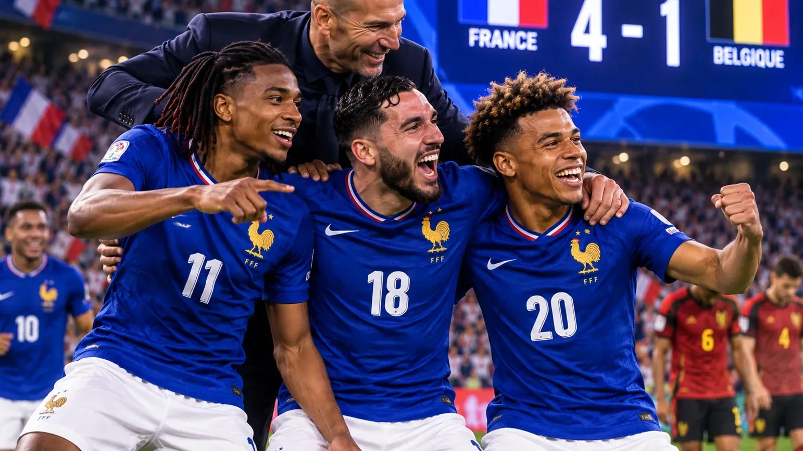 Zinédine Zidane célèbre avec ses joueurs devant le tableau d’affichage France 4-1 Belgique