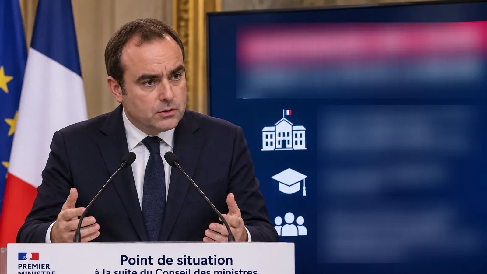 Sébastien Lecornu au pupitre lors d’un point de situation à Matignon
