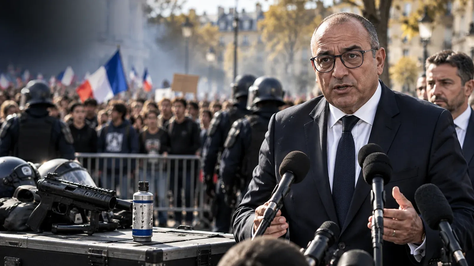 Le ministre de l’Intérieur s’exprime devant la presse, des forces de l’ordre et des manifestants en arrière-plan