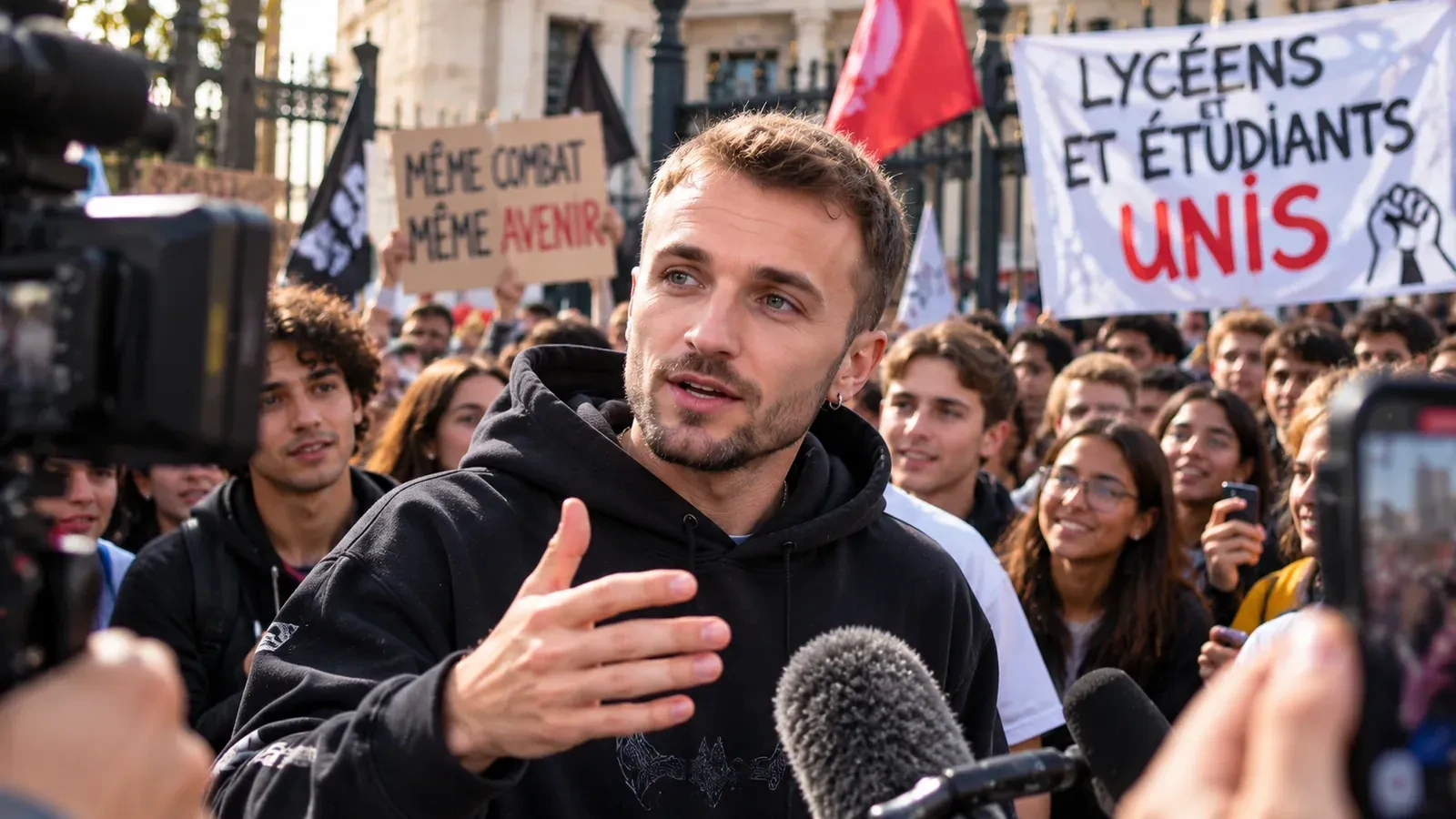 Squeezie au milieu d’une manifestation de lycéens et d’étudiants