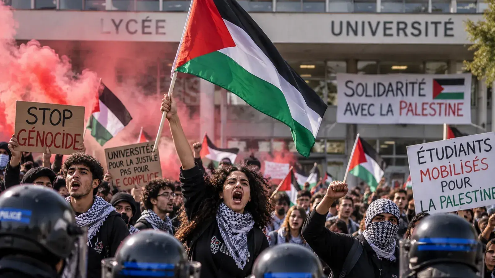 Lycéens et étudiants manifestent face à une ligne de policiers