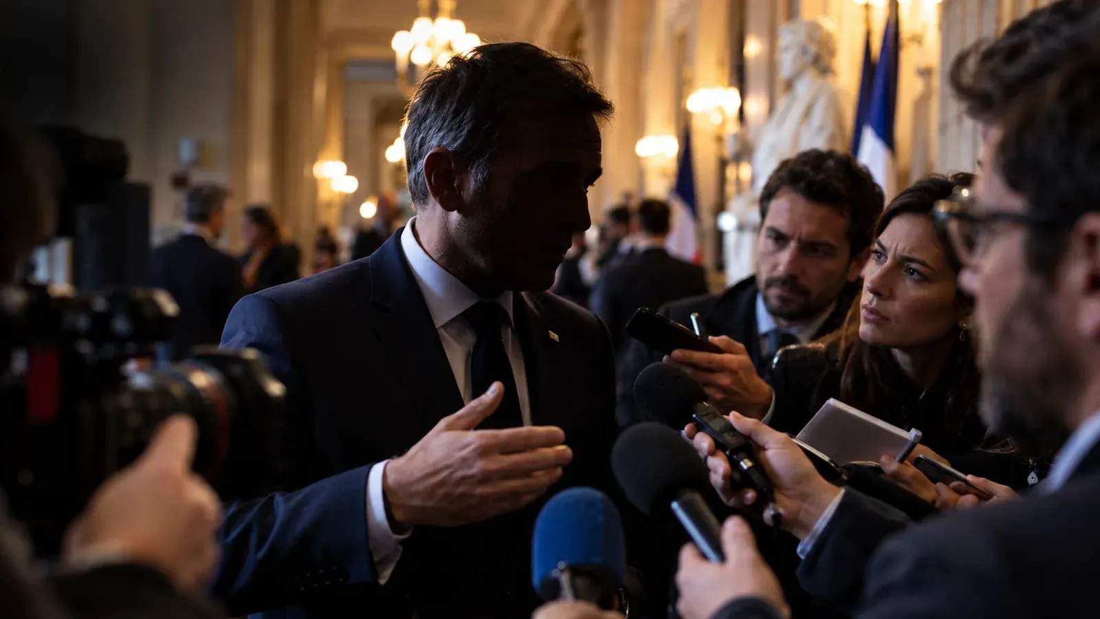 Un élu de dos répond aux journalistes dans un couloir de palais officiel