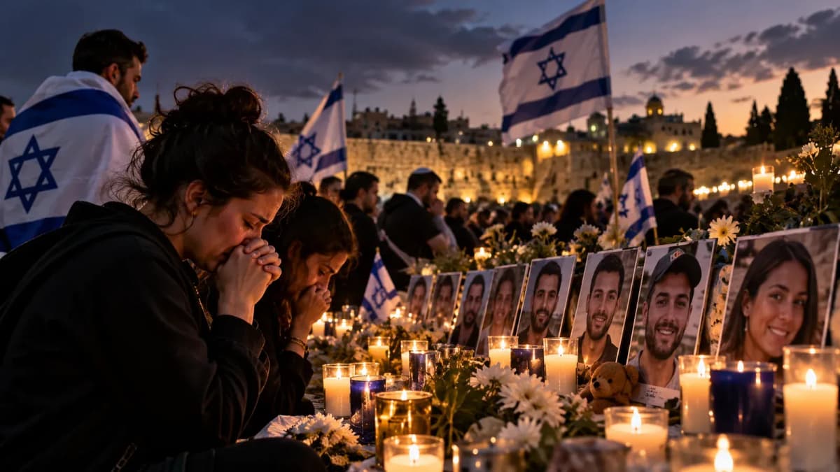 Familles en deuil devant des bougies et des portraits de victimes, drapeaux israéliens au crépuscule