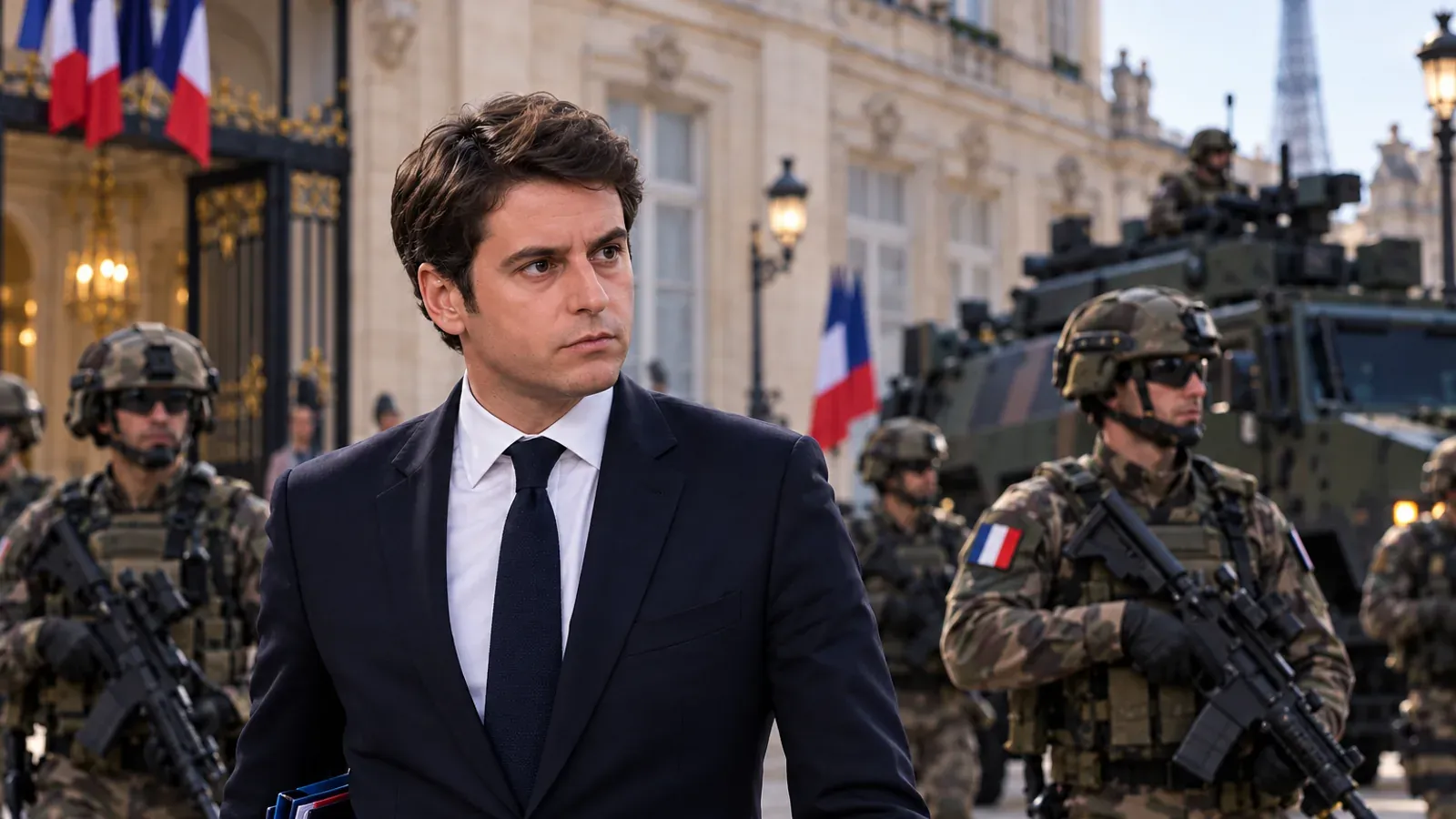 Gabriel Attal devant des militaires