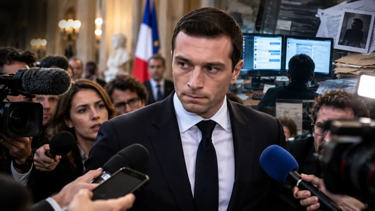Jordan Bardella entouré de journalistes et de micros