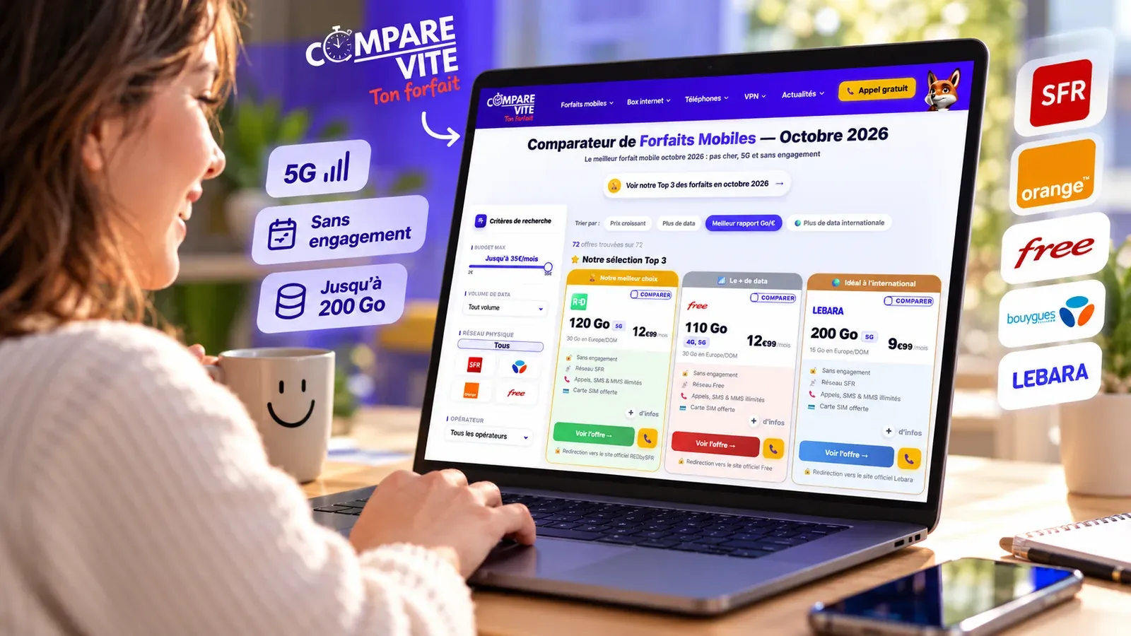 Une femme compare des forfaits mobiles sur un ordinateur portable