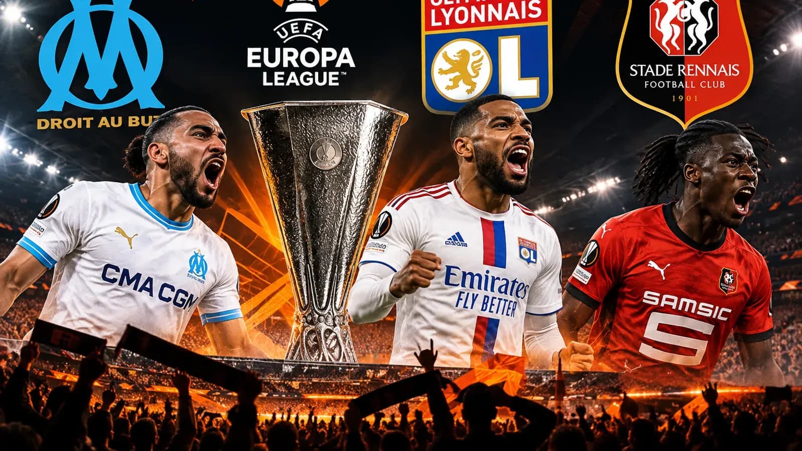 Affiche Ligue Europa OM, OL et Rennes