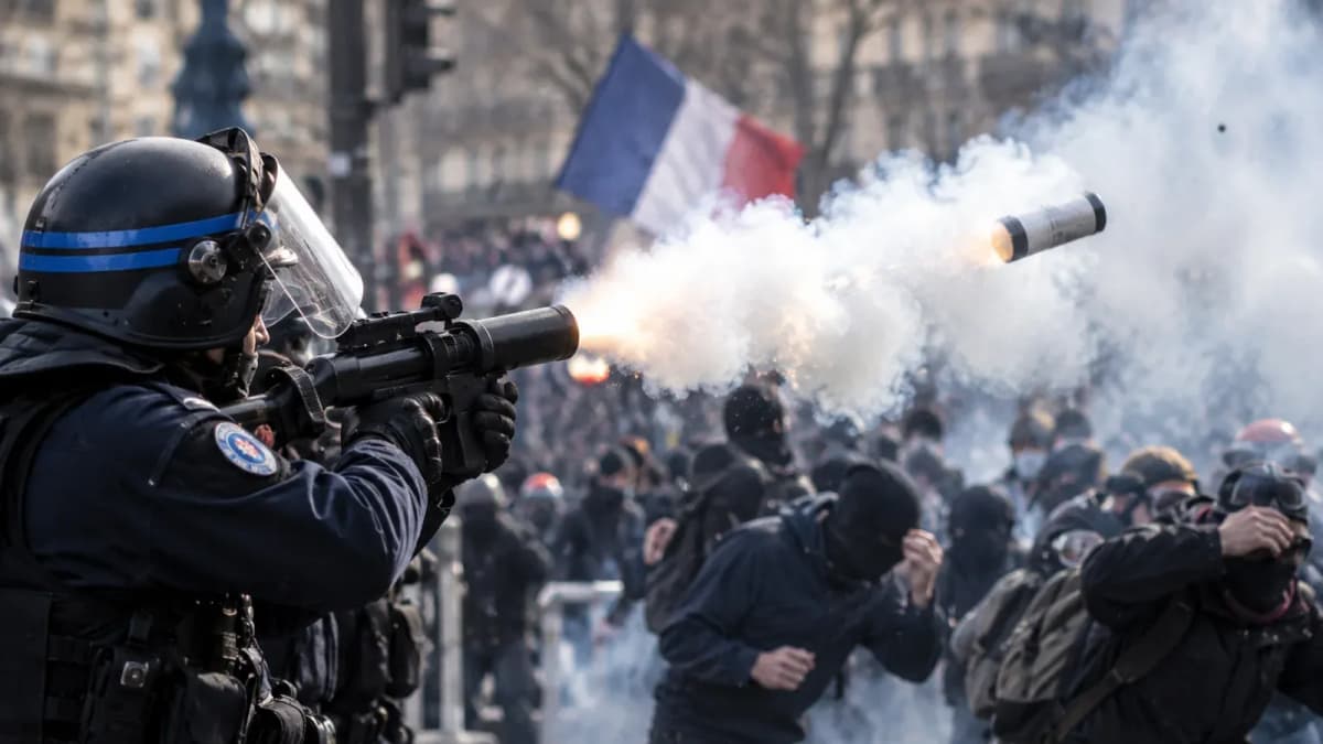 Un policier tire une grenade lors d’une manifestation