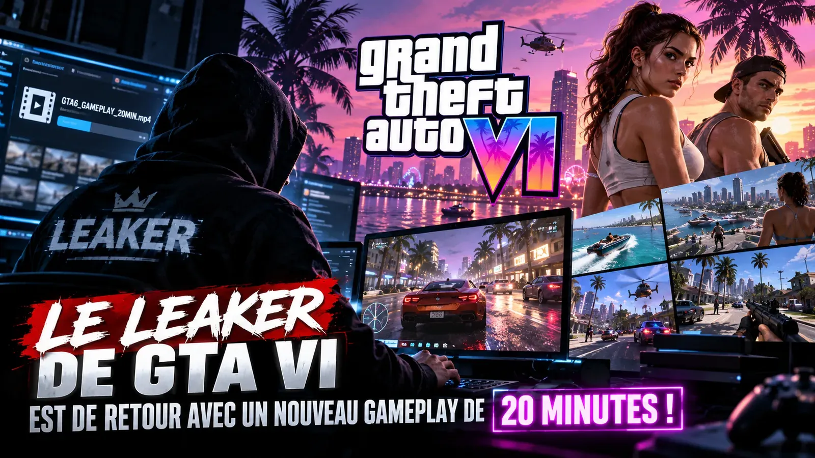 Un hacker devant des écrans affichant des images de jeu vidéo