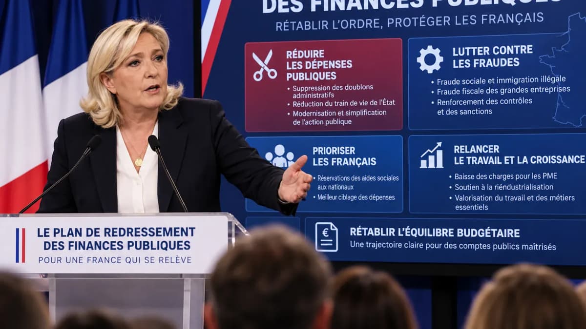 Marine Le Pen lors d’une conférence de presse sur les finances publiques