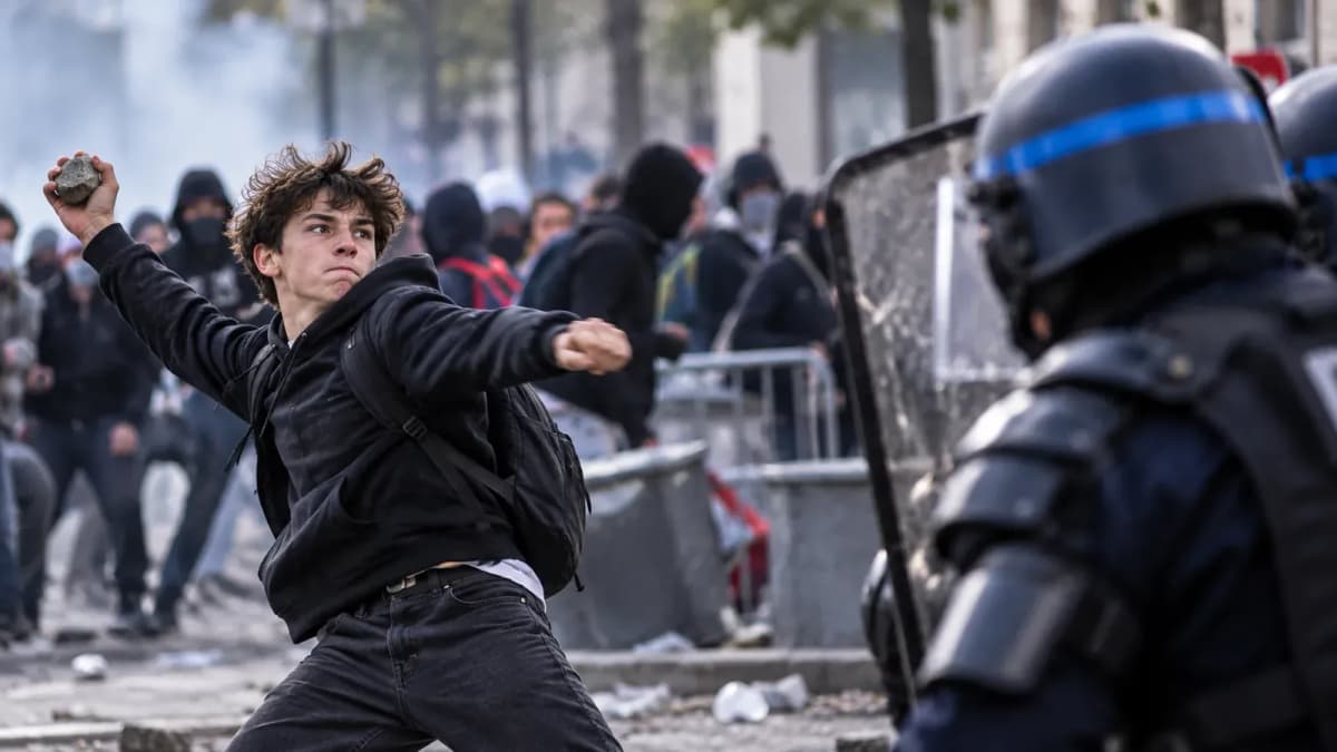 Affrontements entre jeunes manifestants et CRS dans une rue