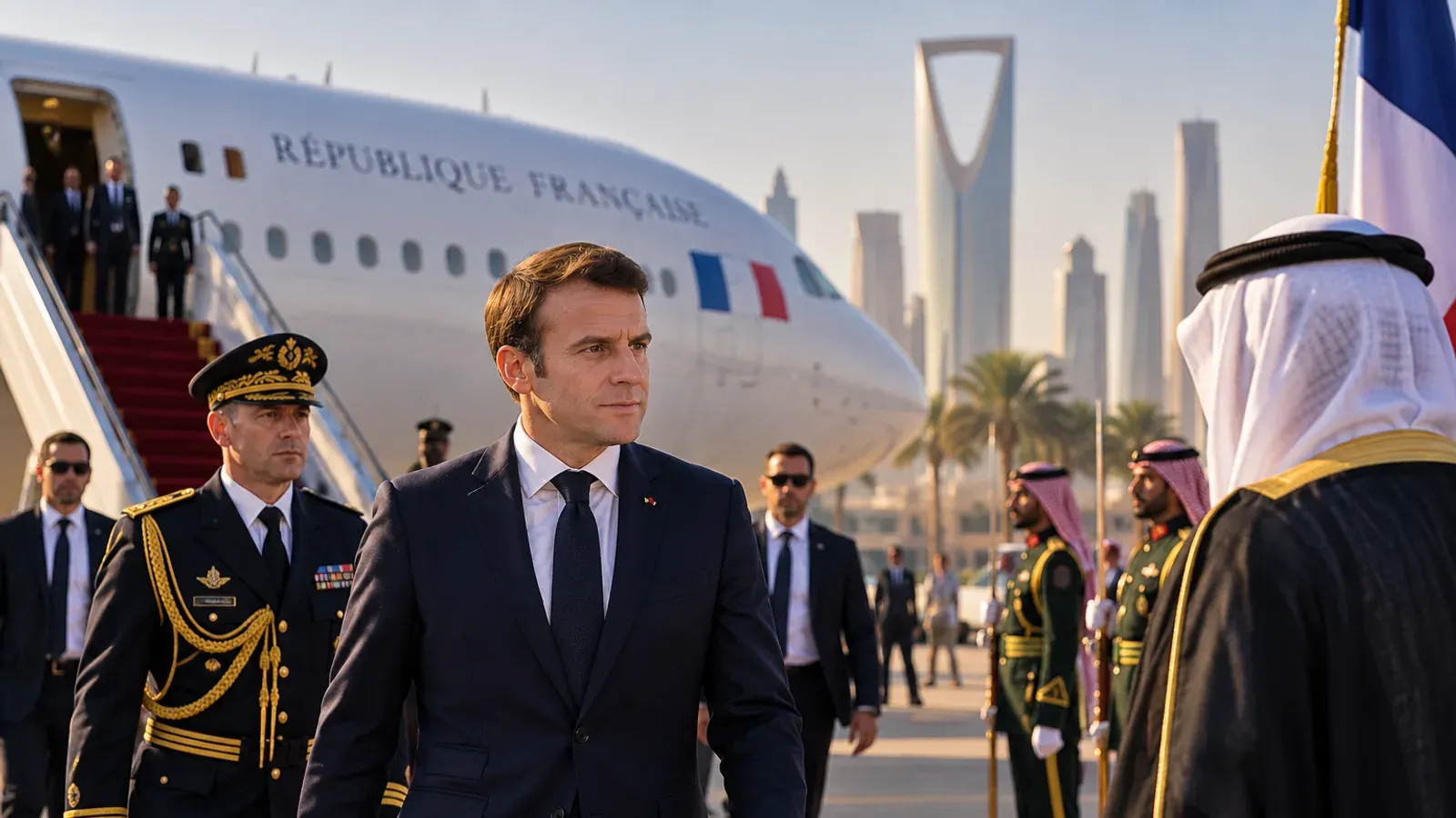 Emmanuel Macron à son arrivée dans le Golfe