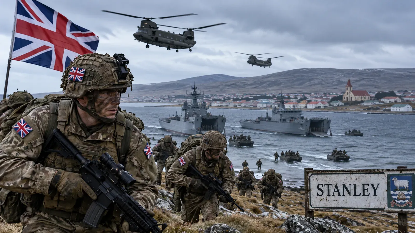 Débarquement de soldats britanniques sur une île battue par les vents