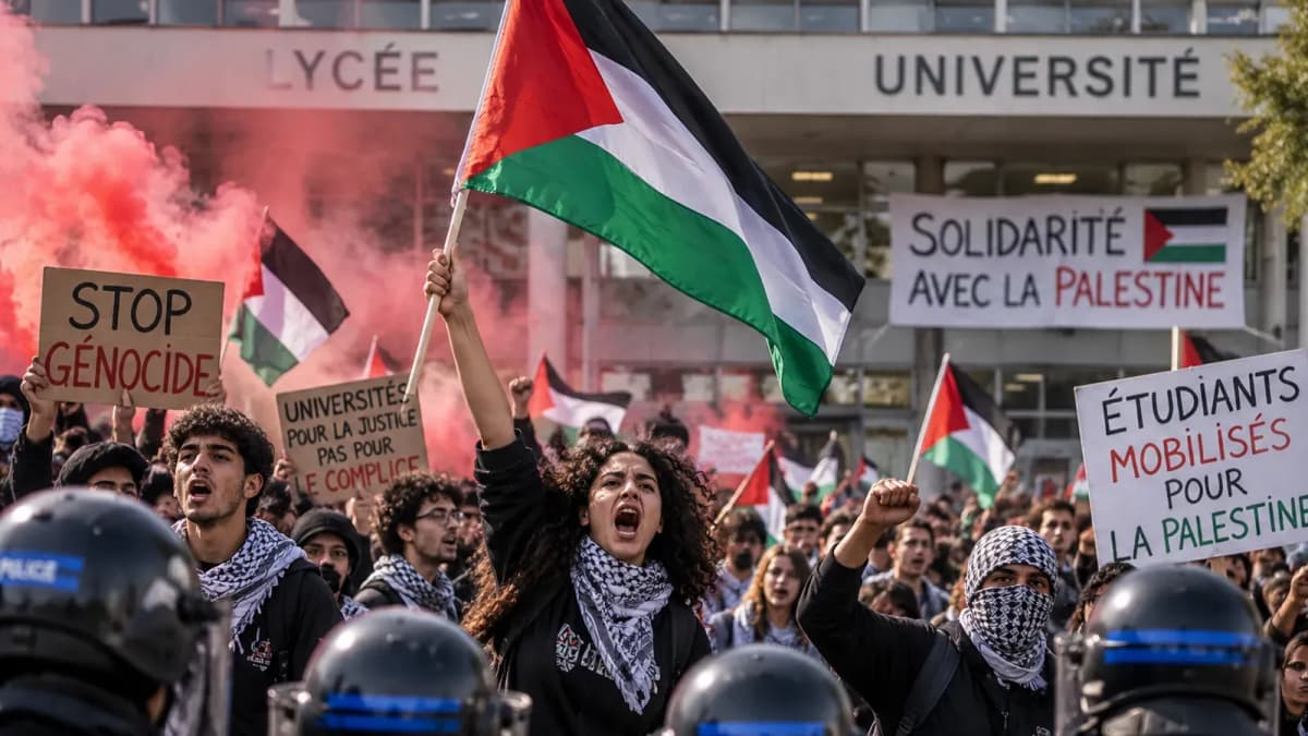 Lycéens et étudiants manifestent face à une ligne de policiers