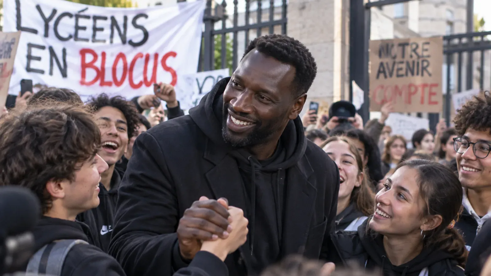 Omar Sy entouré de lycéens devant un lycée bloqué