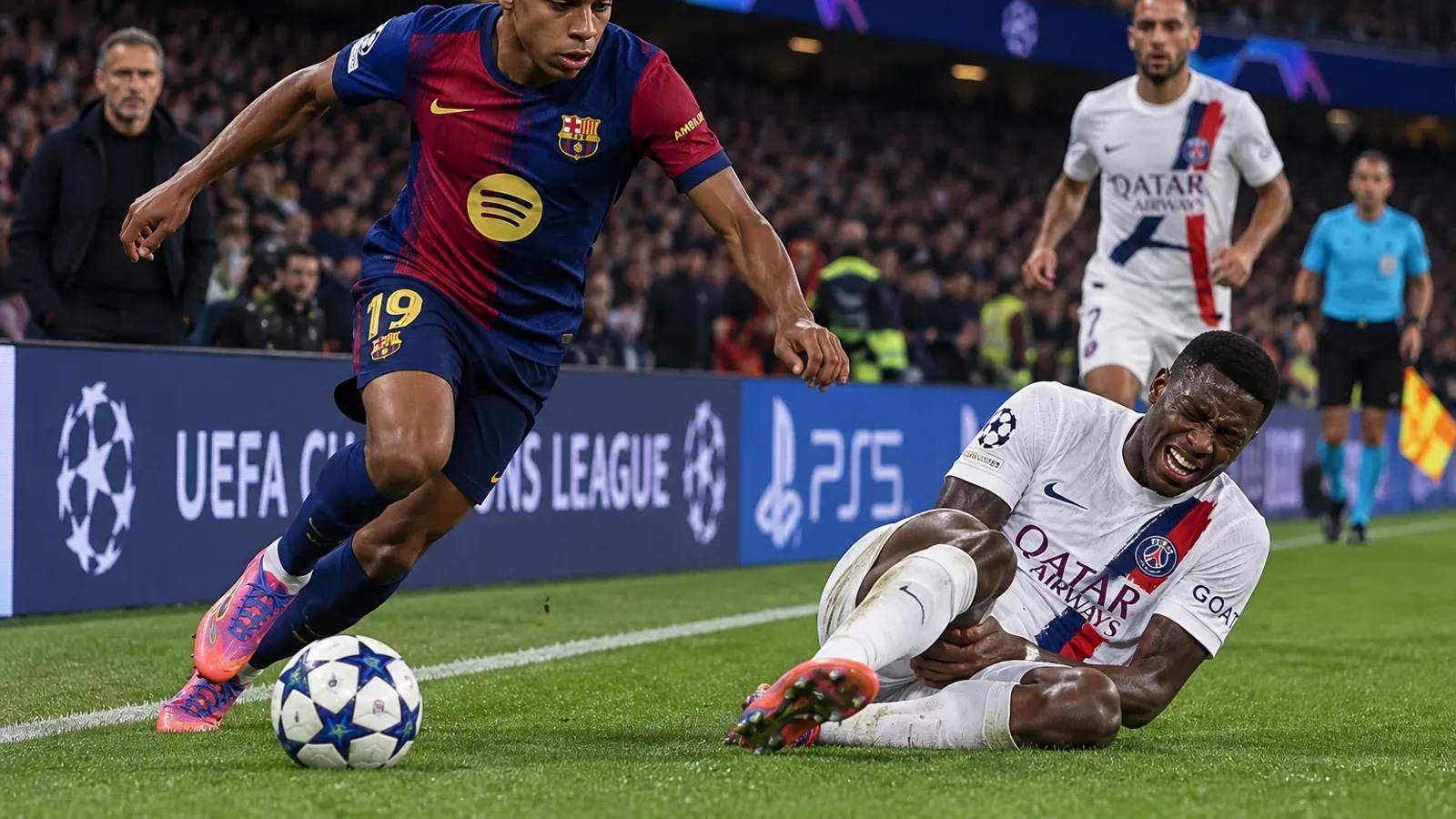Duel entre un joueur du Barça et un défenseur du PSG