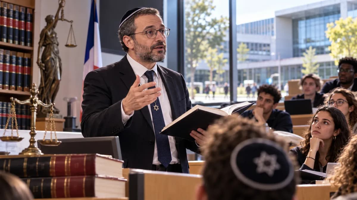 Un professeur de droit donne un cours dans un amphithéâtre universitaire