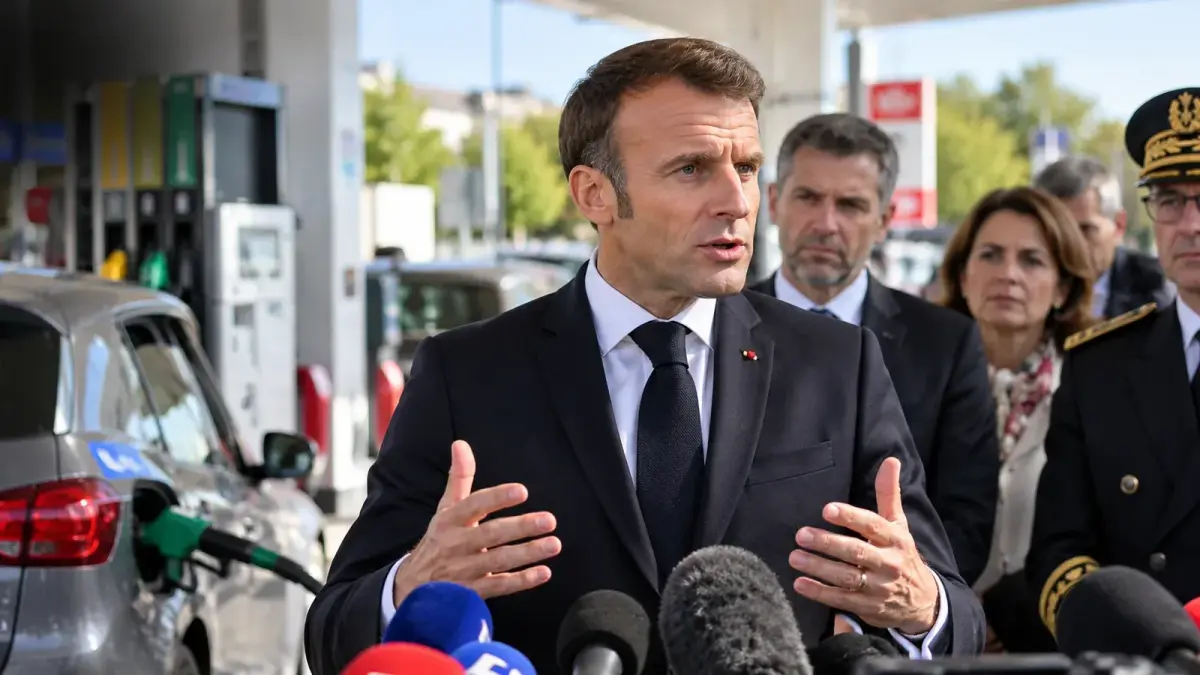 Emmanuel Macron s’exprimant devant les micros dans une station-service