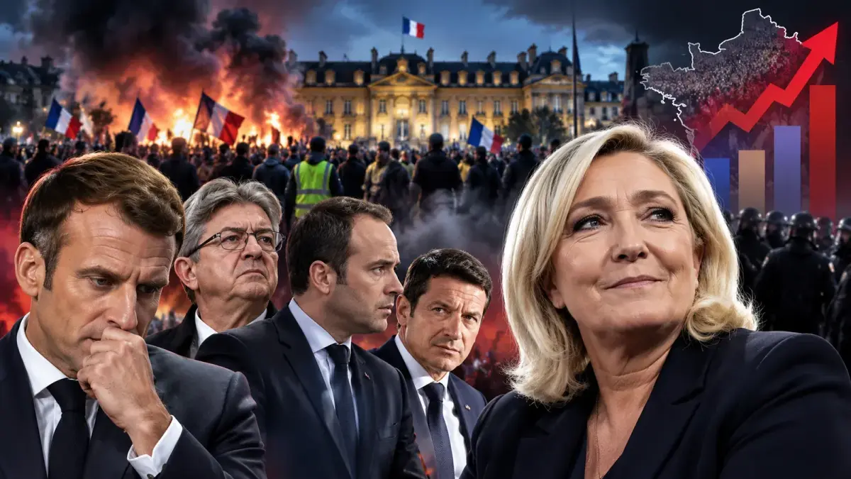 Montage : Emmanuel Macron, Jean-Luc Mélenchon, Sébastien Lecornu et Marine Le Pen devant des scènes de manifestations