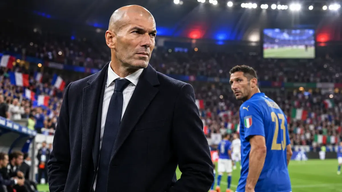 Zinédine Zidane au bord du terrain dans un stade comble, un joueur italien en arrière-plan