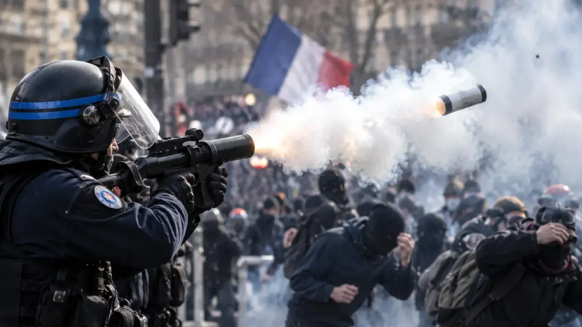 Un policier tire une grenade lors d’une manifestation