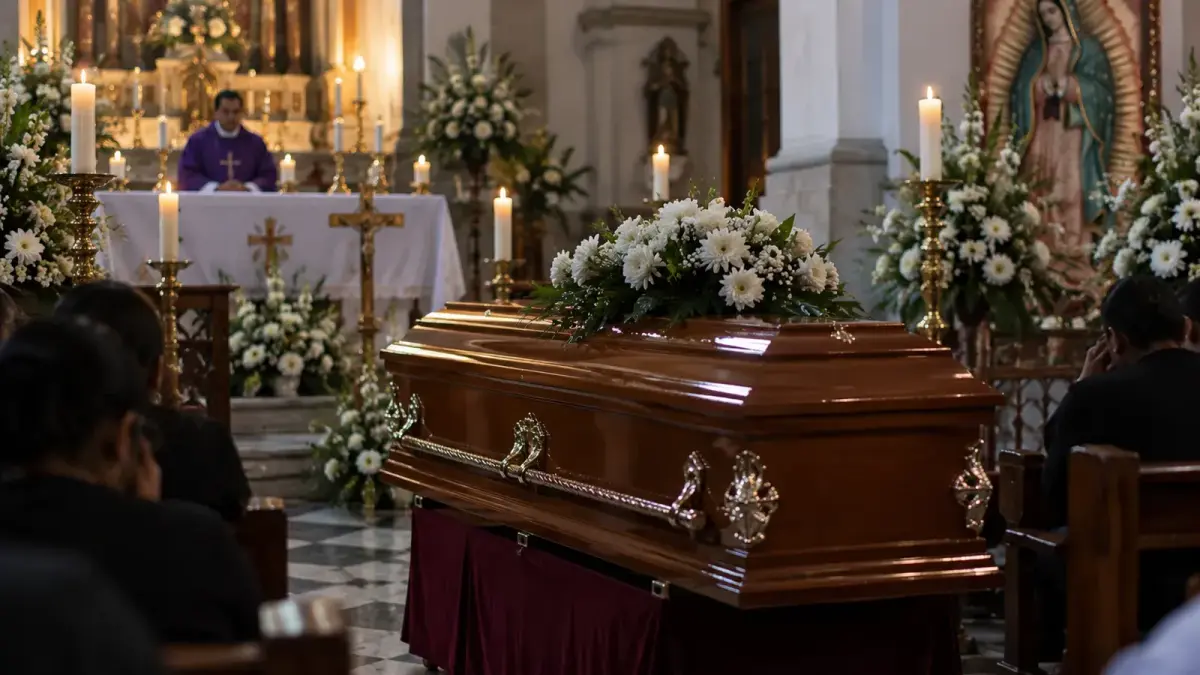 Veillée funèbre dans une église ornée de fleurs