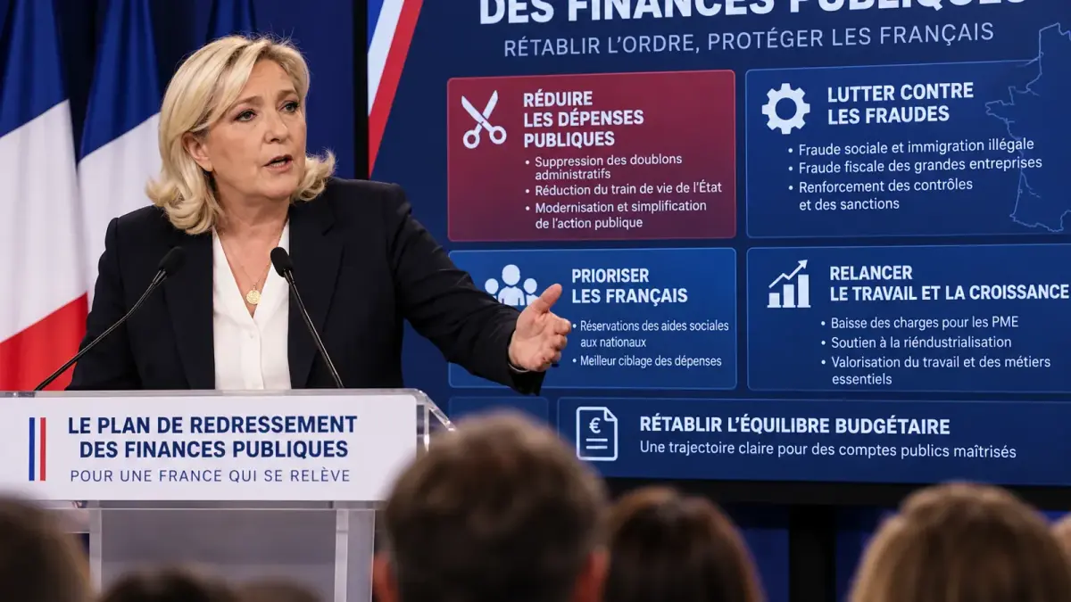 Marine Le Pen lors d’une conférence de presse sur les finances publiques