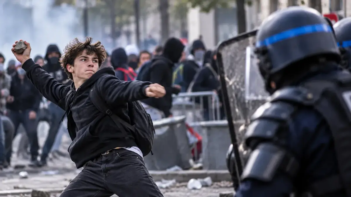 Affrontements entre jeunes manifestants et CRS dans une rue