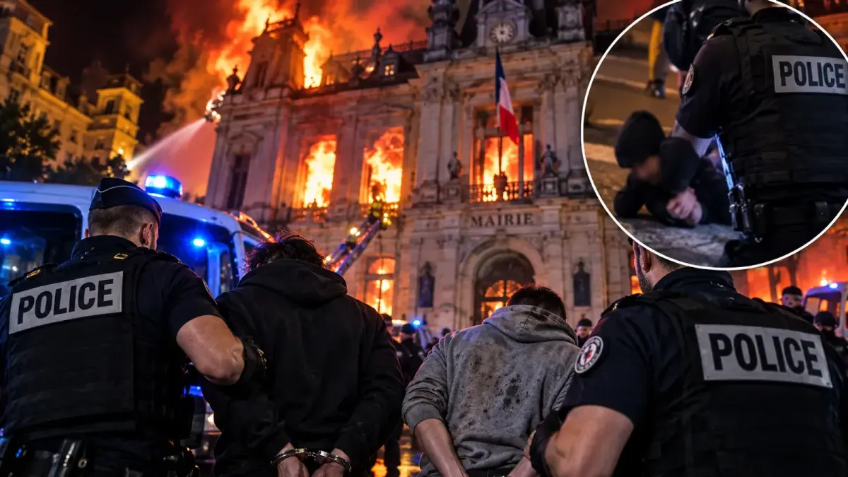 Illustration : interpellations devant une mairie en feu