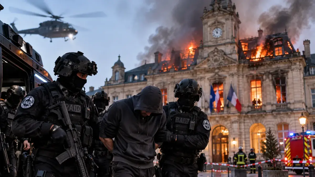 Interpellation par le RAID devant une mairie en feu
