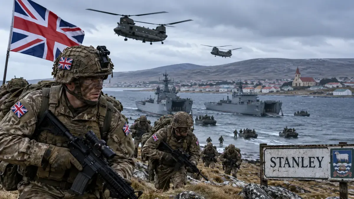 Débarquement de soldats britanniques sur une île battue par les vents