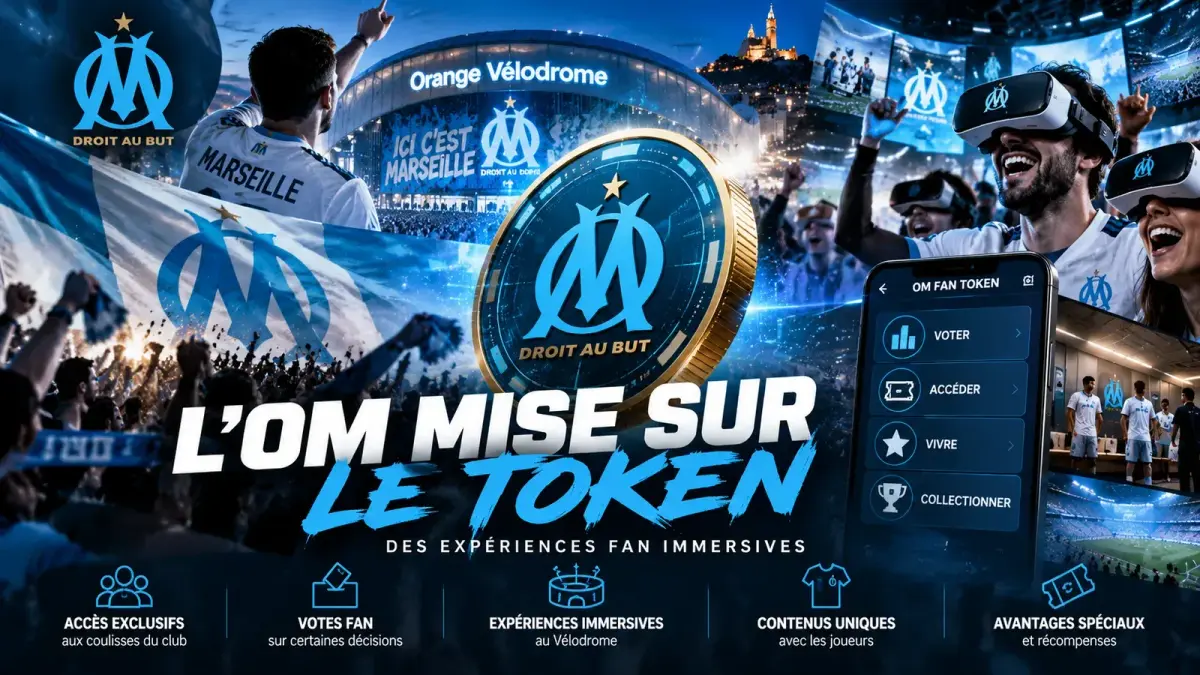 Supporters de l’OM au stade Vélodrome et jeton numérique aux couleurs du club