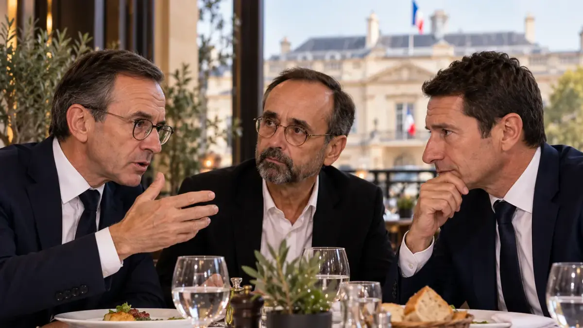 Illustration : déjeuner politique entre trois responsables de droite