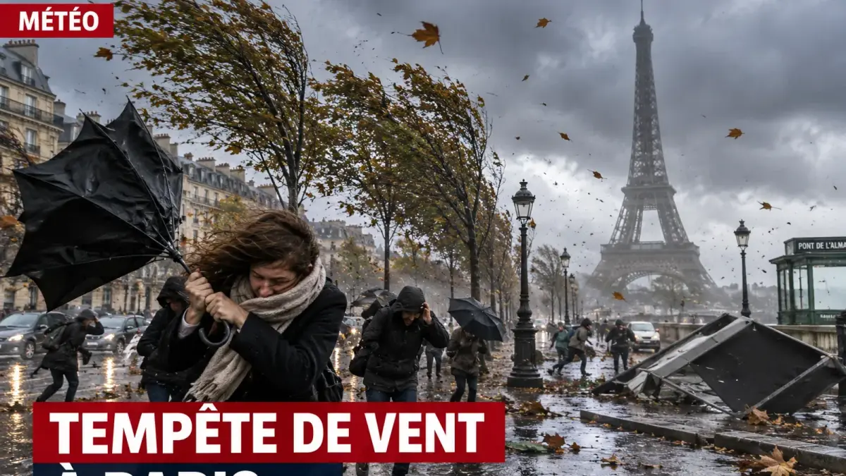 Passants face au vent de la tempête Austen à Paris
