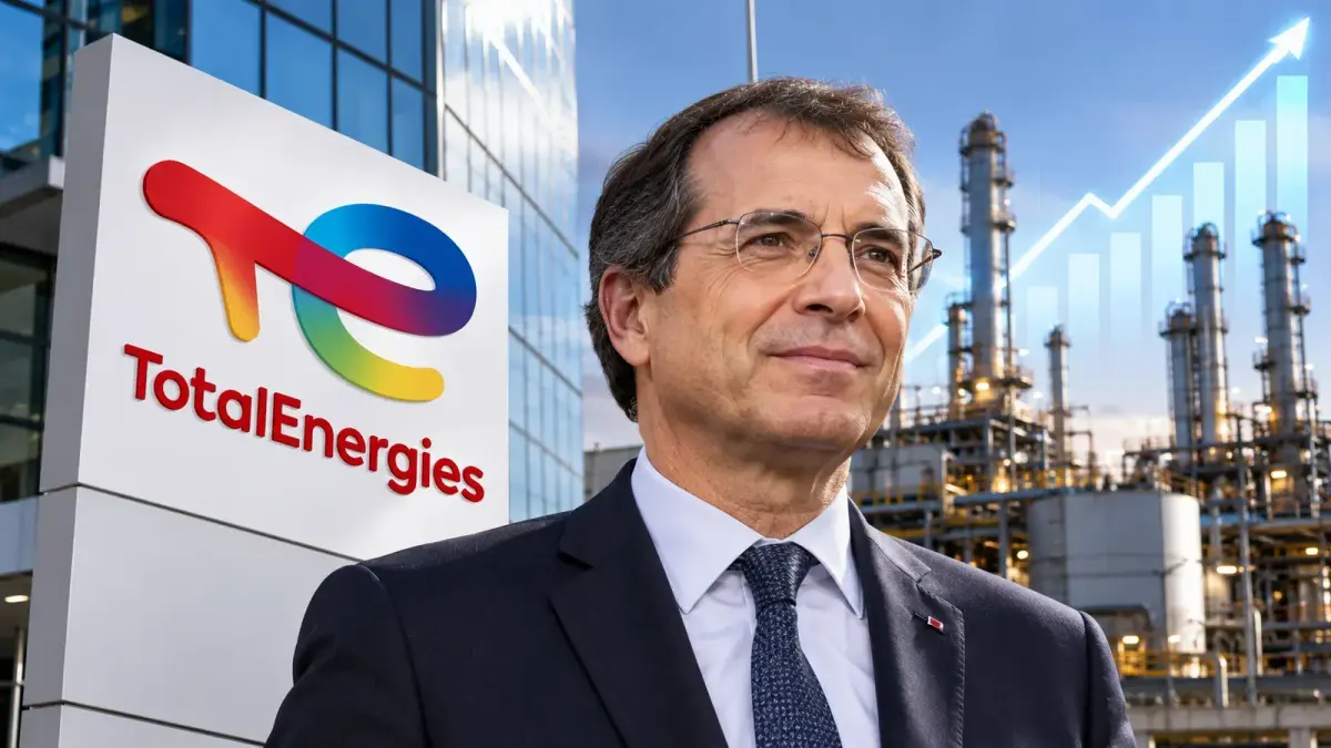 Illustration : le siège de TotalEnergies et une courbe de bénéfices en hausse