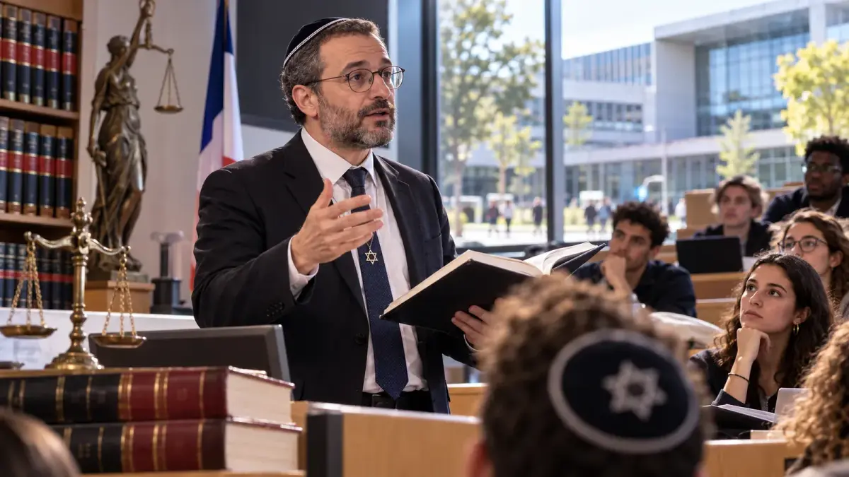 Un professeur de droit donne un cours dans un amphithéâtre universitaire