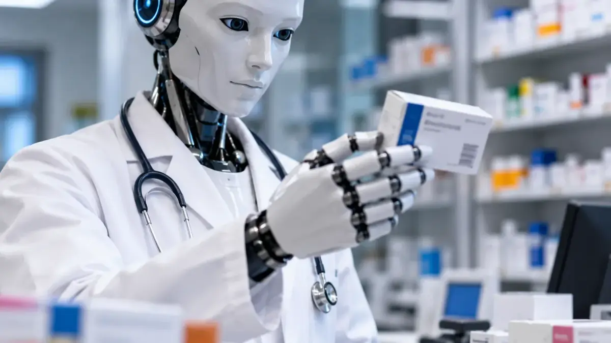 Un robot pharmacien présente un médicament