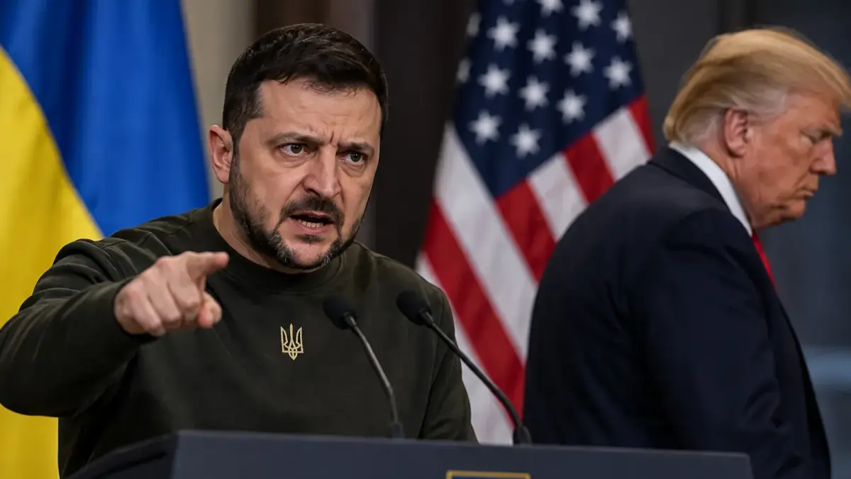 Volodymyr Zelensky et Donald Trump devant leurs drapeaux